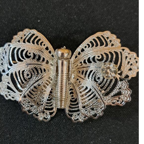 Vintage Silver Filigree Butterfly Brooch Pin With A Crystal Rhinestone On A Wing - Picture 1 of 4